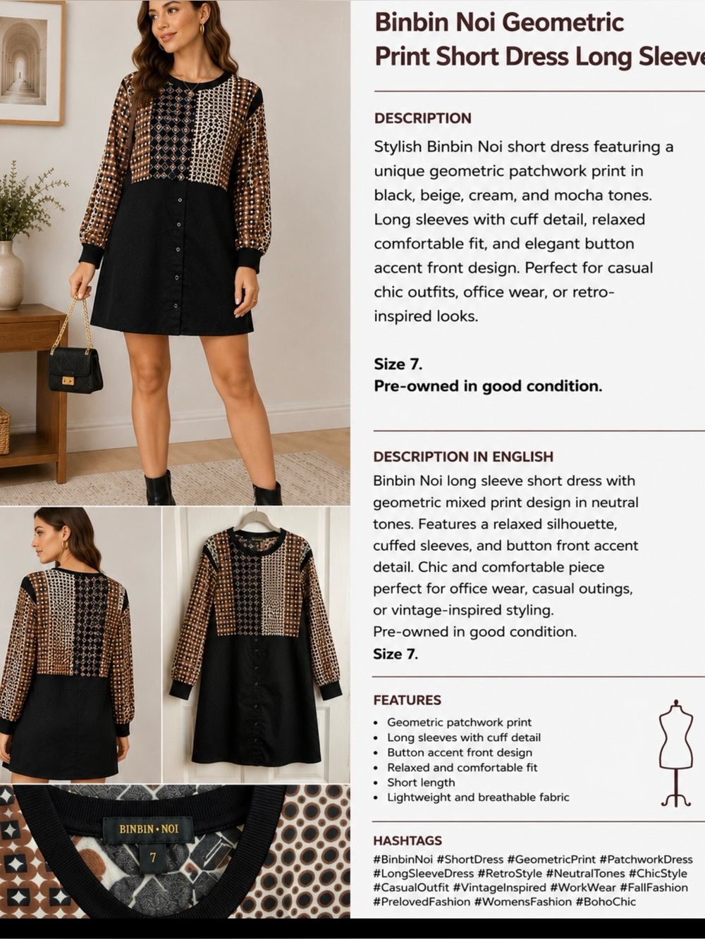 Binbin Noi Geometric Print Short Dress Long Sleeve